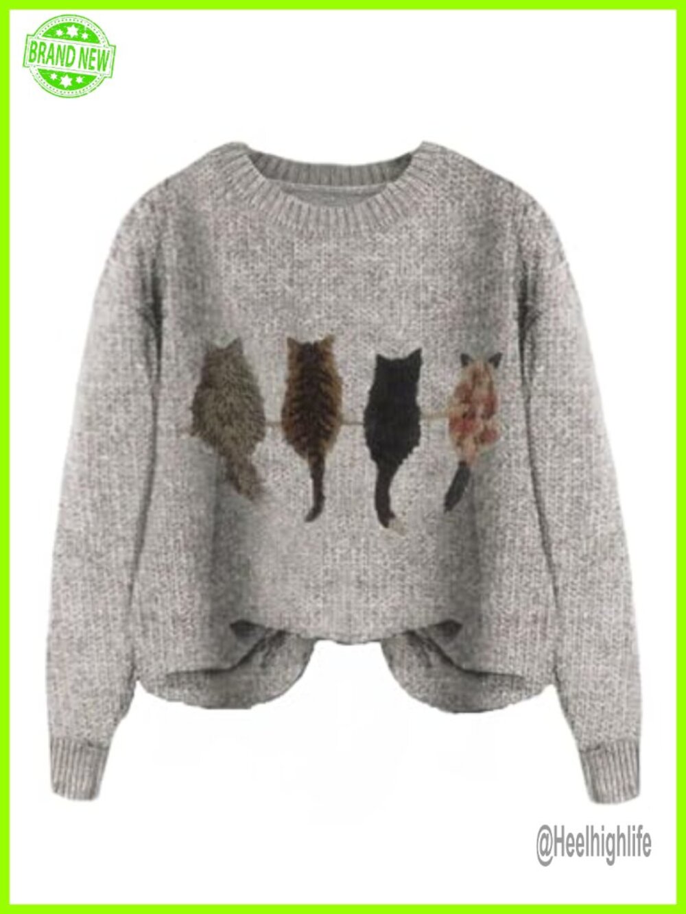 Cat Graphic Knit Pullover Sweater Long Sleeve Crew Neck